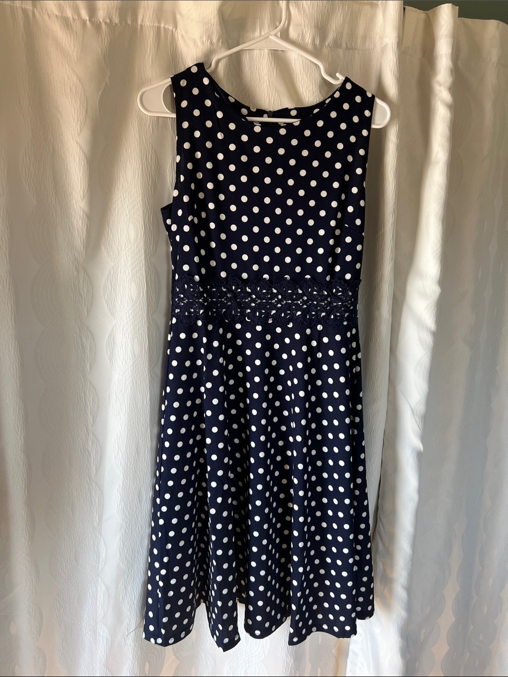 Navy Polka Dot Sleeveless Dress with Waist Lace